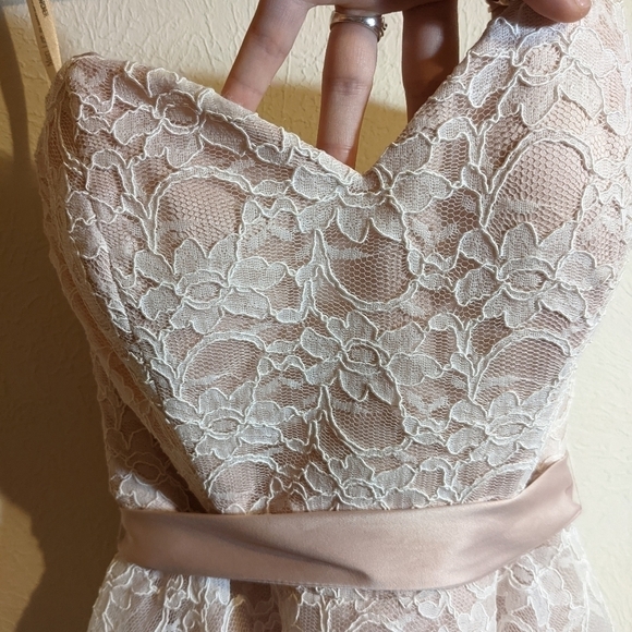 MORI LEE blush lace peplum strapless bridesmaid gown - Picture 5 of 14